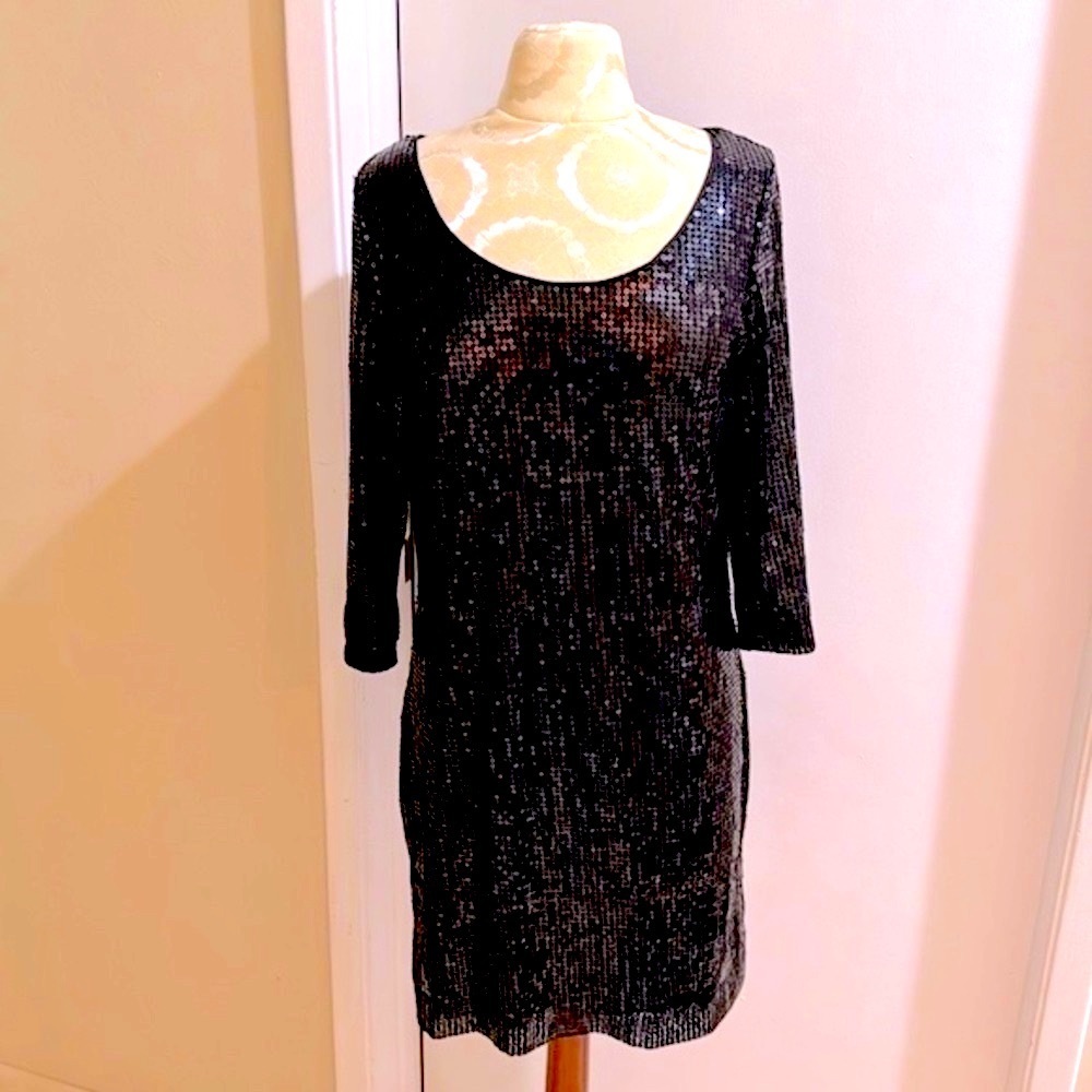 WHBM Black Sequin Midi Lined Sparkly LBD Dress M